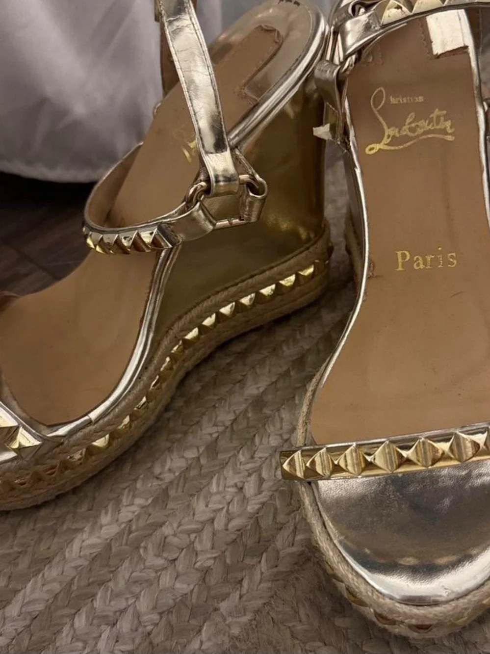 Christian Louboutin Metallic Gold Studded Espadrille Wedges